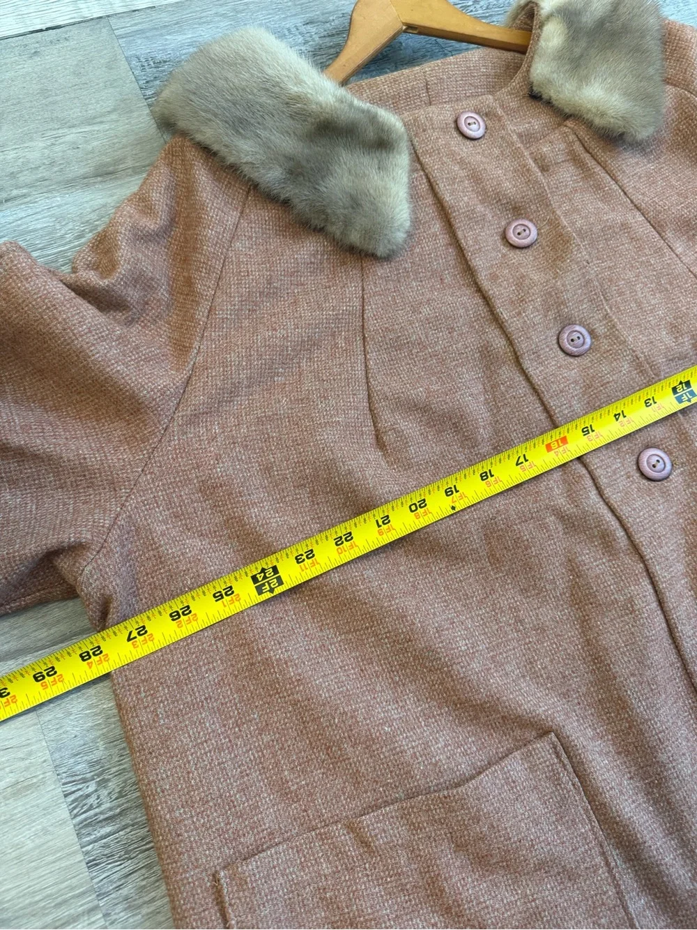 Vintage 60s Pink Swing Coat Genuine Fur Collar Womens XL 1X Mod A Line